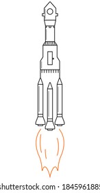 Simple linear icon of a rocket in flight. Space exploration, adventure, travel. Exploration of the universe, new planets, stars. Illustration for children's boy coloring book about transport, science