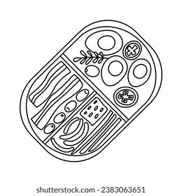 Simple linear icon of school or office lunch box with breakfast or lunch. Fresh food for healthy diet. School breakfast. For menus, school canteens, posters, banners, fabrics, textiles, paper. Vector