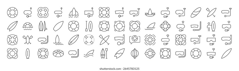 Simple Linear Icon of Surfboard, Lifeline, Diving Mask. Minimalistic Linear Pictogram for Web and Graphic Design, Apps, Banners, Social Network and Cards