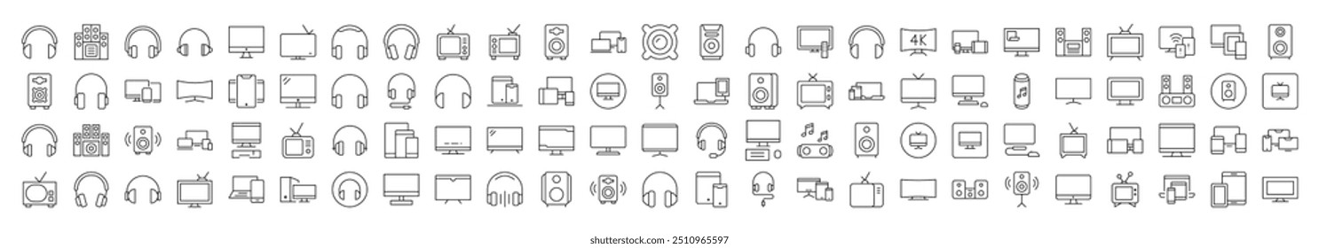 Simple Linear Icon of Tv Set, Speaker, Headset, Computer. Editable Stroke. Minimalistic Linear Pictogram for Design of Cards, Apps, Banners, Posts