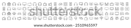 Simple Linear Icon of Tv Set, Speaker, Headset, Computer. Editable Stroke. Minimalistic Linear Pictogram for Design of Cards, Apps, Banners, Posts