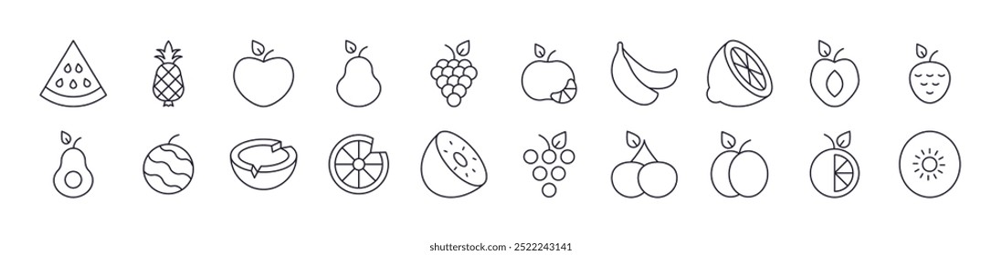 Simple Linear Icon of Watermelon, Coconut, Grape and Other Fruits. Editable Stroke. Minimalistic Linear Pictogram for Design of Cards, Apps, Banners, Posts