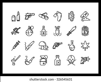 Simple Linear Icons. Crime, Violation Of The Law, Drug Trafficking, Illegal Arms Trade, Drug Addiction.