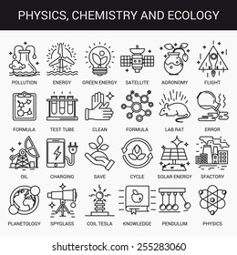 Simple linear icons in a modern style flat. Physics Chemistry and Ecology. Isolated on white background.