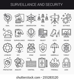 Simple linear icons in a modern style flat. Surveillance and Security Isolated on white background.