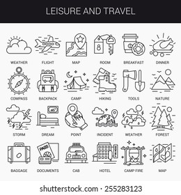 Simple linear icons in a modern style flat. Leisure and travel. Isolated on white background.