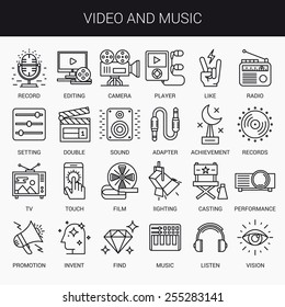 Simple linear icons in a modern style flat. Video and Music. Isolated on white background.