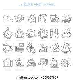 Simple linear icons in a modern style flat. Leisure and travel. Isolated on white background.