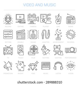 Simple linear icons in a modern style flat. Video and Music. Isolated on white background.