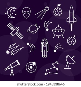 Simple linear icons on the theme of Space. Stylization