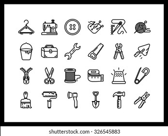 Simple linear icons. Tools for the job, knitting and sewing, repair and mending, male and female labor.