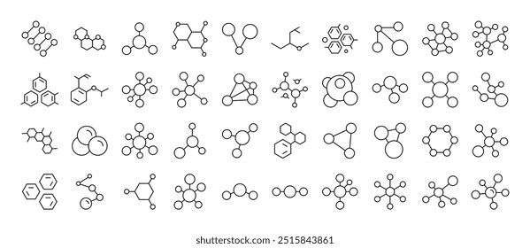 Ilustración lineal simple de química. Contiene íconos de átomos y compuestos químicos que se pueden utilizar para el diseño de tarjetas, postes, App, Sitios web