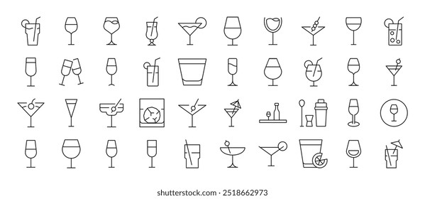Ilustração linear simples de bebidas. Contém ícones de coquetéis, champaign e outros que podem ser usados para design de cartões, posts, aplicativos, sites