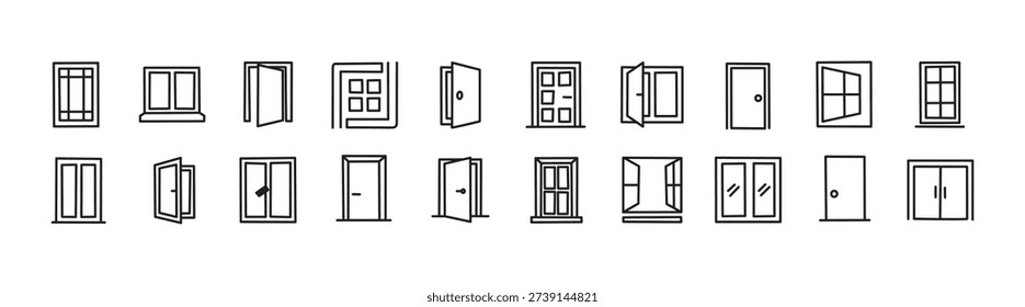 Simple Linear Illustration of Exterior. Contains Icons of Doors and Windows that Can Be Used for Design of Cards, Posts, Apps, Web Sites