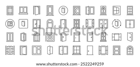 Simple Linear Illustration of Exterior. Contains Icons of Doors and Windows that Can Be Used for Design of Cards, Posts, Apps, Web Sites