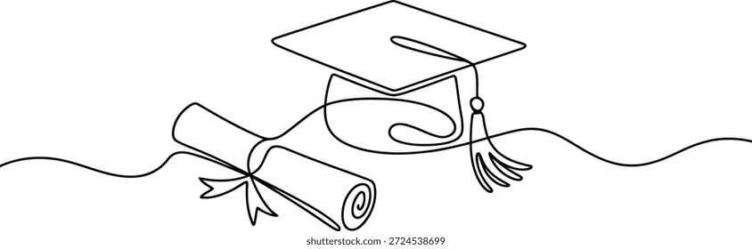Einfache lineare Darstellung einer Graduierungskappe und eines Diploms. Symbolisiert Bildung, Leistung und akademischen Erfolg.