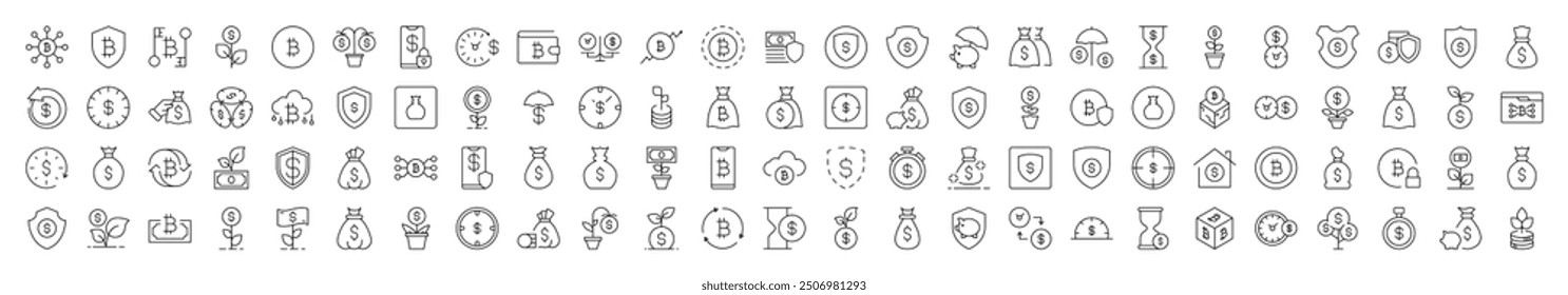 Simple Linear Illustration of Insurance and Money Savings. Contains Icons of Dollar, Shield, Bag, Wallet that Can Be Used for Design of Cards, Posts, Apps, Web Sites