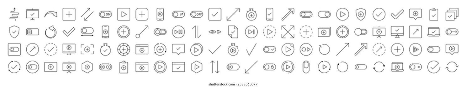 Ilustração linear simples da interface. Contém ícones de setas, além de, verificar, jogo que pode ser usado para o design de cartões, posts, aplicativos, sites