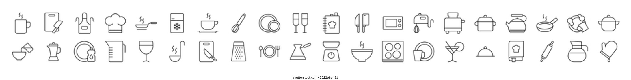 Ilustração Linear Simples de Cozinha e Culinária. Contém ícones de placa de corte, frigideira, talheres, livro de receitas que podem ser usados para o design de cartões, posts, aplicativos, sites