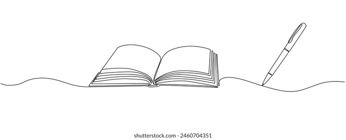 Simple linear illustration of open book and pen. Education Concept. Continuous linear vector illustration with editable strokes.