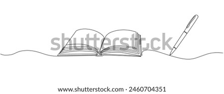 Simple linear illustration of open book and pen. Education Concept. Continuous linear vector illustration with editable strokes.