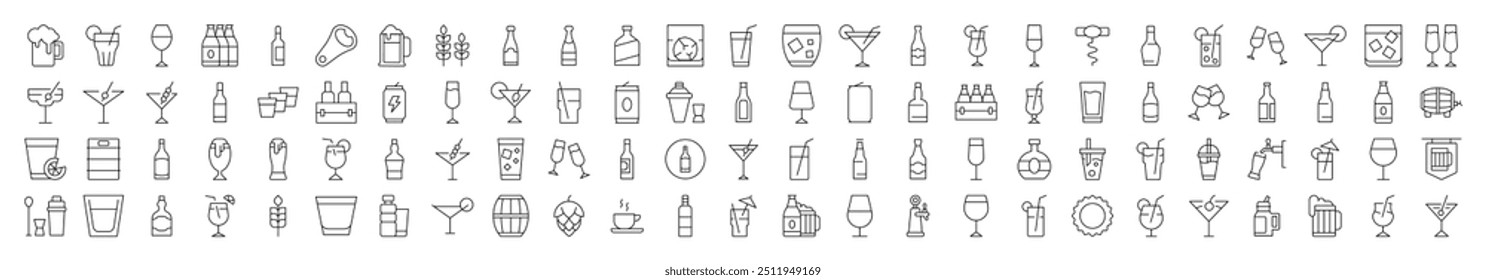 Simple Linear Illustration of Soft Drinks and Alcohol. Contains Icons of Beer, Cocktail, Bottle that Can Be Used for Design of Cards, Posts, Apps, Web Sites