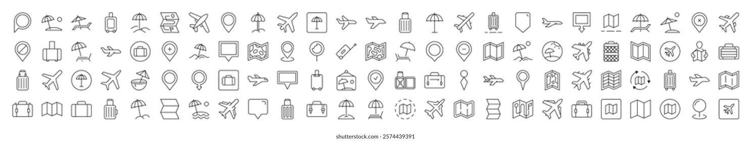 Simple Linear Illustration of Vacation. Contains Icons of Plane, Map, Location, Beach Umbrella that Can Be Used for Design of Cards, Posts, Apps, Web Sites 