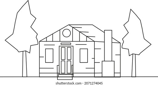 a simple linear image of a country house with a fireplace and trees