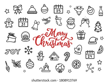 Simple linear images of Christmas and New Year symbols. Black and white Doodle characters with the inscription in the style of the lettering merry Christmas, large set collection hand drawn vector eps