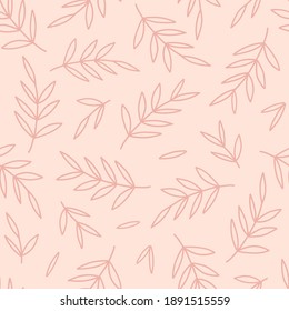 Simple linear leaves seamless vector pattern. Leafy doodle background. Neutral pink bohemian plant design