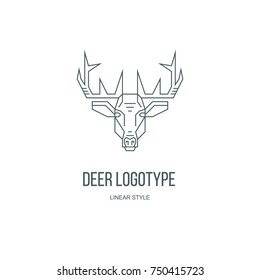 Simple linear logotype with deer head which created in simple geometric style. Emblem on white back ground. Concept illustration for company design, flayer, banner, website.