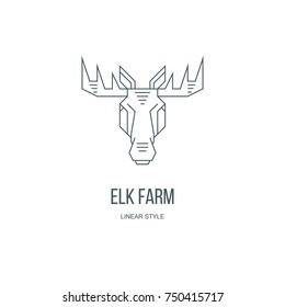 Simple linear logotype with elk head which created in simple geometric style. Emblem on white back ground. Elk farm. Concept illustration for company design, flayer, banner, website.