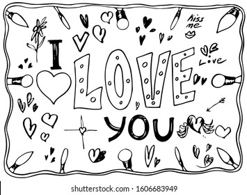 A simple linear love set for Valentine's Day. The set contains: frame, lettering of the word "I love you", hearts, light bulbs, arrow, flower. Material for decoration of print design and web banners.