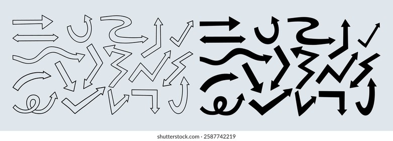 Simple linear Outline and silhouette black Directional Arrows Doodles. Sign Directions Curved Backward Set. Isolated Vector Hand Drawn. Concept pointer symbols for design, creative project
