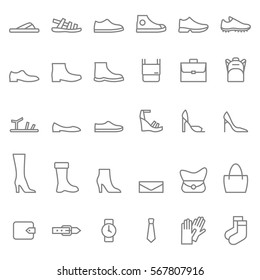 Simple linear set of men's and women's shoes and accessories icons. Vector illustration