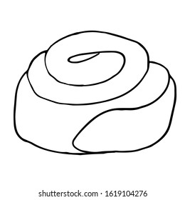 A simple linear sketch of a bun, twisted tasty muffin.  To illustrate the profession of a baker in children's books, coffee shop menu, interior design. Drawn by a black on a white background, vector.