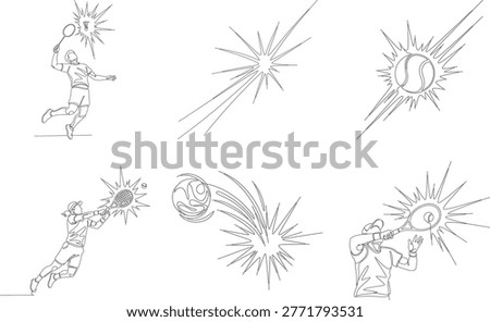 Simple linear sketches of tennis strokes and badminton smashes highlighting player movement speed intensity and sports equipment.