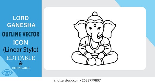 A simple, linear style vector icon depicting Lord Ganesha in a seated pose. Black outline on white background.