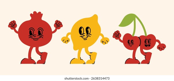 Simple linear vector design with happy groovy mascots, funky smiley icons, and hippie-style cartoon templates — perfect for fun print and web