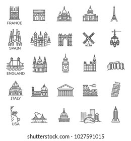 Simple linear Vector icon set representing global tourist landmarks and travel destinations for vacations