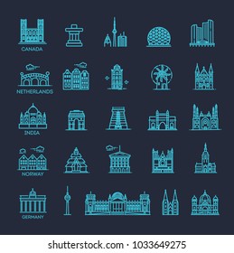 Simple linear Vector icon set representing global tourist landmarks and travel destinations for vacations