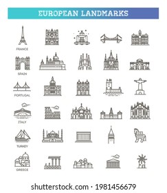 Simple linear Vector icon set representing global tourist european landmarks and travel destinations for vacations.