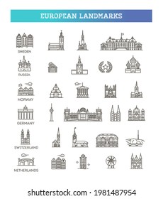 Simple linear Vector icon set representing global tourist european landmarks and travel destinations for vacations.