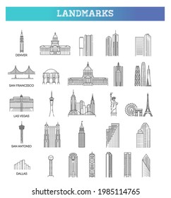Simple linear Vector icon set representing global tourist american landmarks and travel destinations for vacations