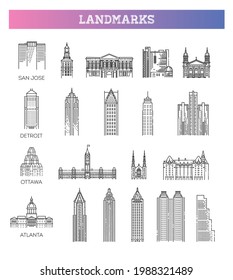 Simple linear Vector icon set representing global tourist american landmarks and travel destinations for vacations