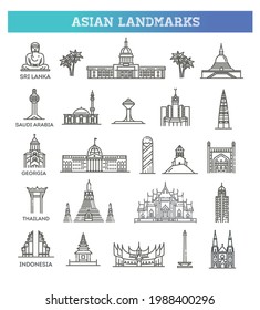 Simple linear Vector icon set representing global tourist asian landmarks and travel destinations for vacations