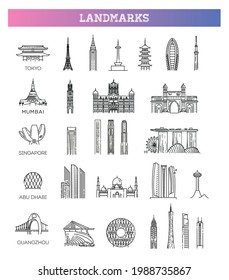 Simple linear Vector icon set representing global tourist asian landmarks and travel destinations for vacations