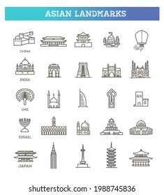 Simple linear Vector icon set representing global tourist asian landmarks and travel destinations for vacations