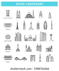 Simple linear Vector icon set representing global tourist asian landmarks and travel destinations for vacations