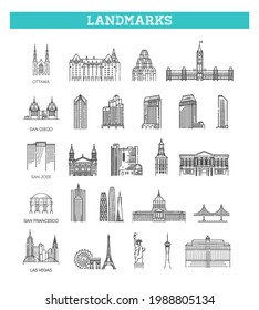 Simple linear Vector icon set representing global tourist american landmarks and travel destinations for vacations